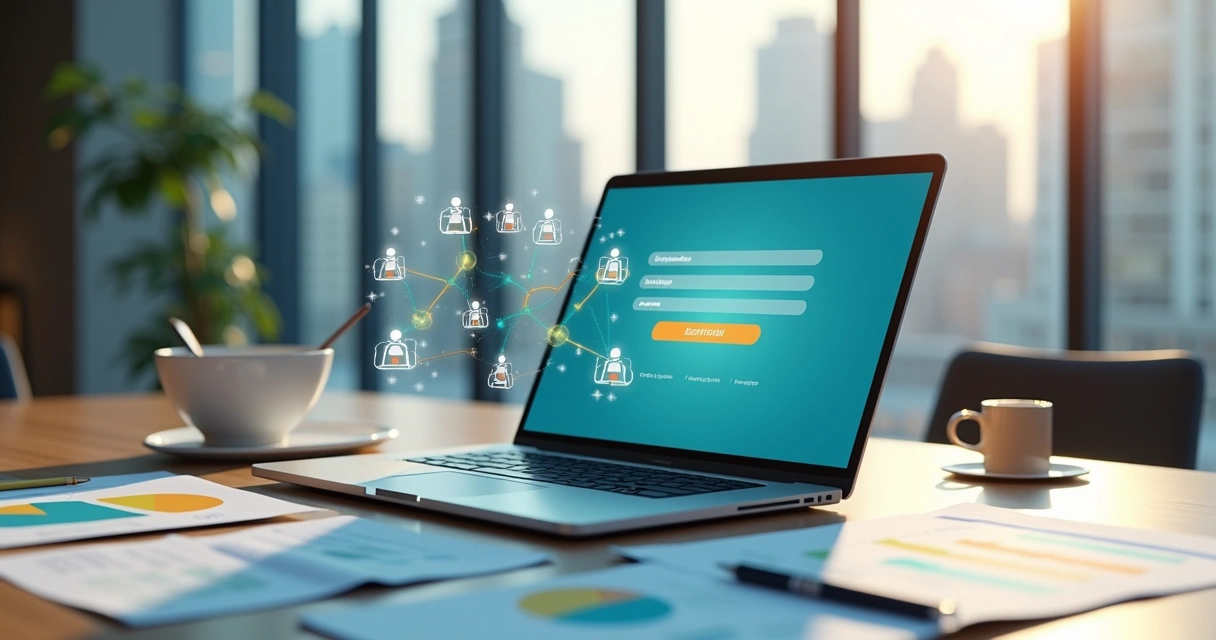 Formulário online destacado em tela grande gerando leads em ambiente de escritório moderno 