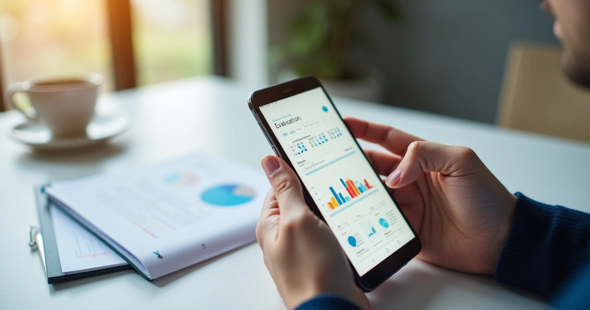 Voluntário preenche formulário de avaliação online pelo celular, dados e gráficos visíveis na tela 