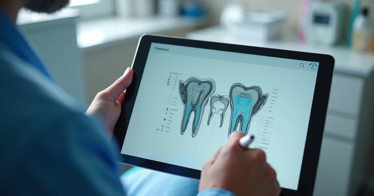 Formulário digital sendo preenchido em tablet durante consulta odontológica 
