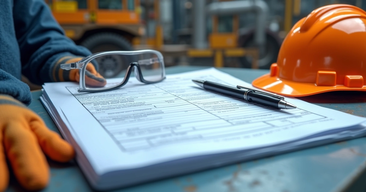 Formulário de permissão de trabalho preenchido com equipamentos de segurança ao redor. 