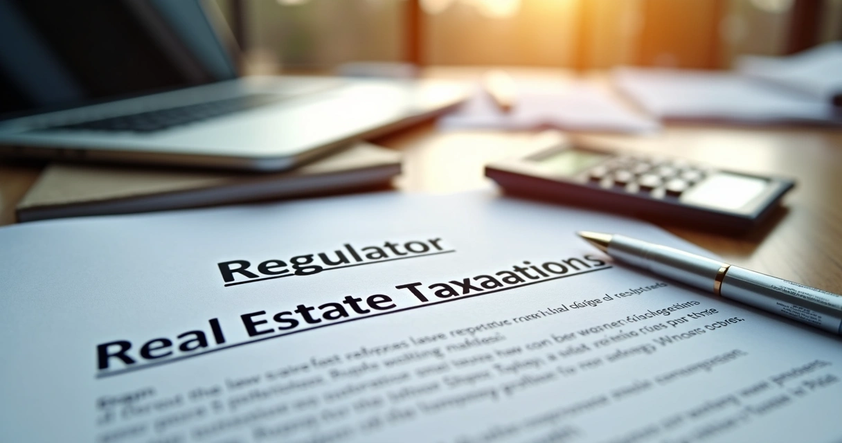 Documento regulatório imobiliário sobre mesa com caneta e calculadora 