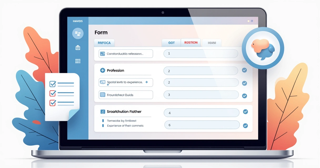 Formulário digital exibindo campos de segmentação de leads com exemplos de perguntas relevantes, cores suaves e área de destaque para diferentes tipos de conteúdo. 