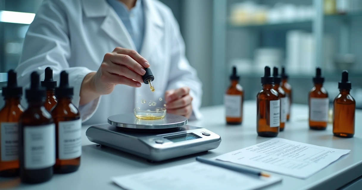 Teste de fórmulas cosméticas com balança de precisão e frascos de ativos 