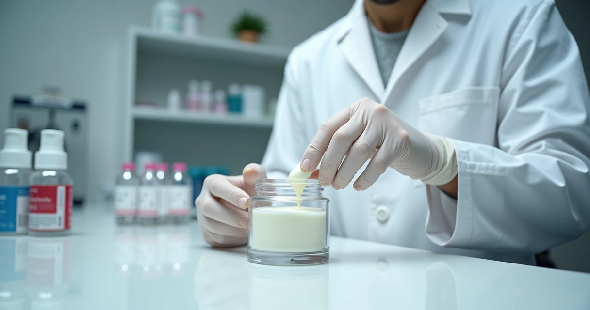 Farmacêutica preparando creme dermocosmético em bancada branca, potes de vidro e instrumentos de laboratório
