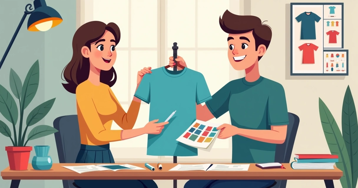 Mulher conferindo amostra de camiseta personalizada junto a designer em ambiente criativo 