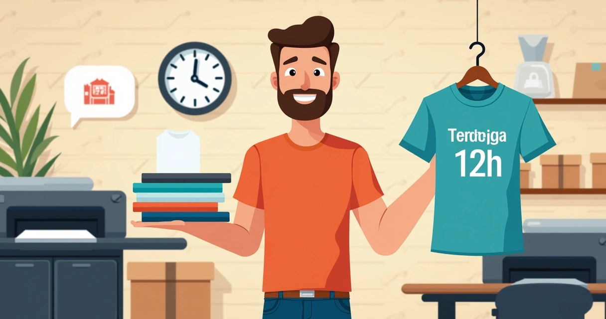 Fornecedor confiante mostrando camisetas personalizadas prontas para entrega 
