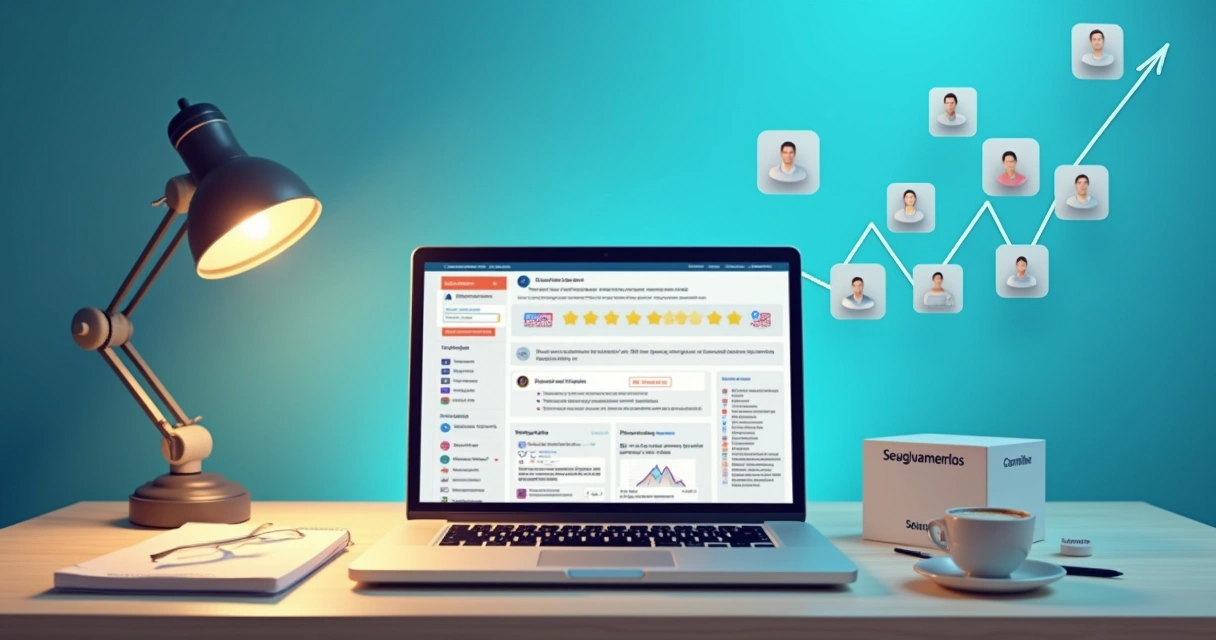 Ambiente digital mostrando um laptop com avaliações positivas sobre fornecedores de seguidores.