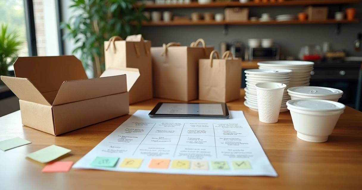 Mesa de seleção de embalagens para delivery com diferentes tipos lado a lado 