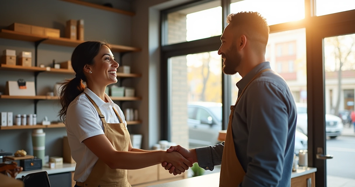 Fornecedor sorridente apertando mão de cliente satisfeito 