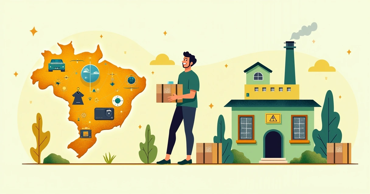 Ilustração de cliente satisfeito recebendo pacote de fornecedor nacional ao lado de mapa do Brasil.