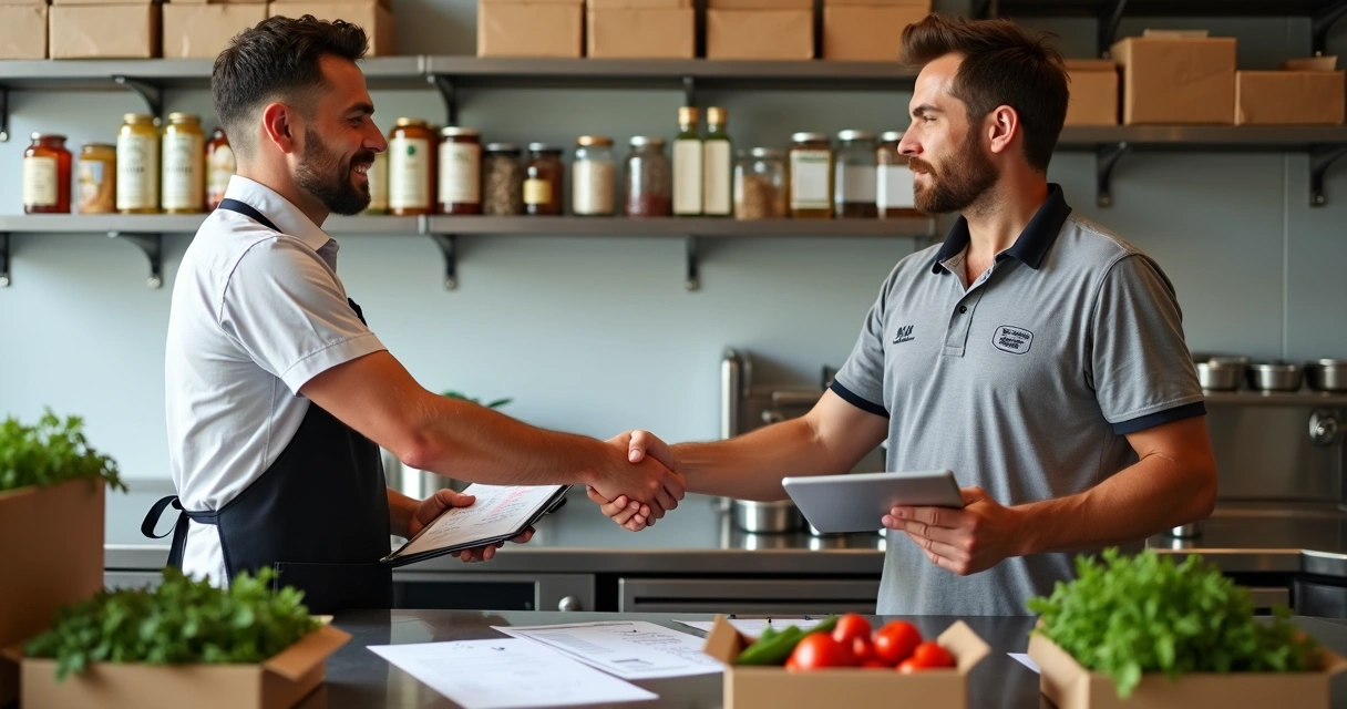 Dono de restaurante pequeno fechando parceria com fornecedor na cozinha 