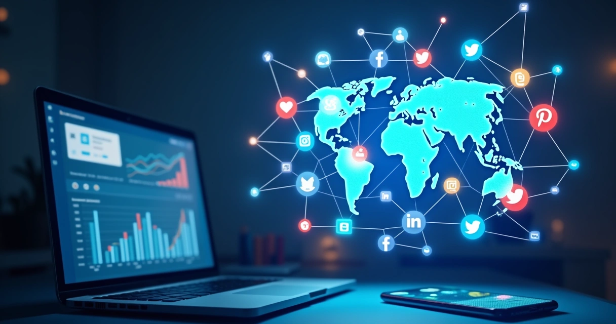 Globe with social media icons, charts, and analytics representing real follower engagement.