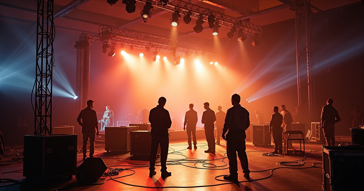 Equipe tecnica de montagem de palco, caixas de som e luzes em montagem de evento corporativo 