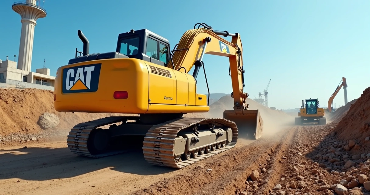 Imagem realista de uma máquina pesada amarela em canteiro de obras, com operador em cabine e equipamentos ao redor 