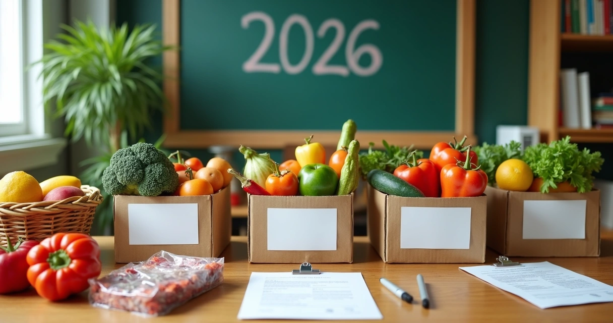 Kits de alimentação escolar organizados em mesa de licitação pública