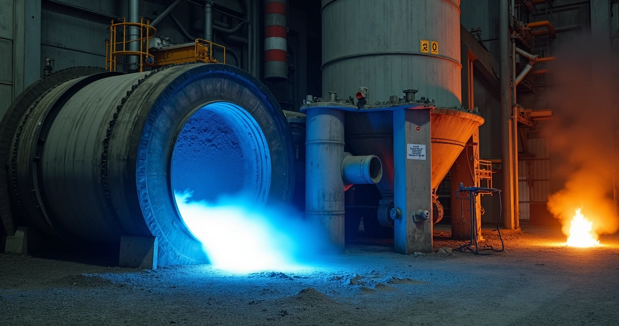 Forno cimenteiro industrial com entrada de CDR ao fundo e chama azul intensa. 