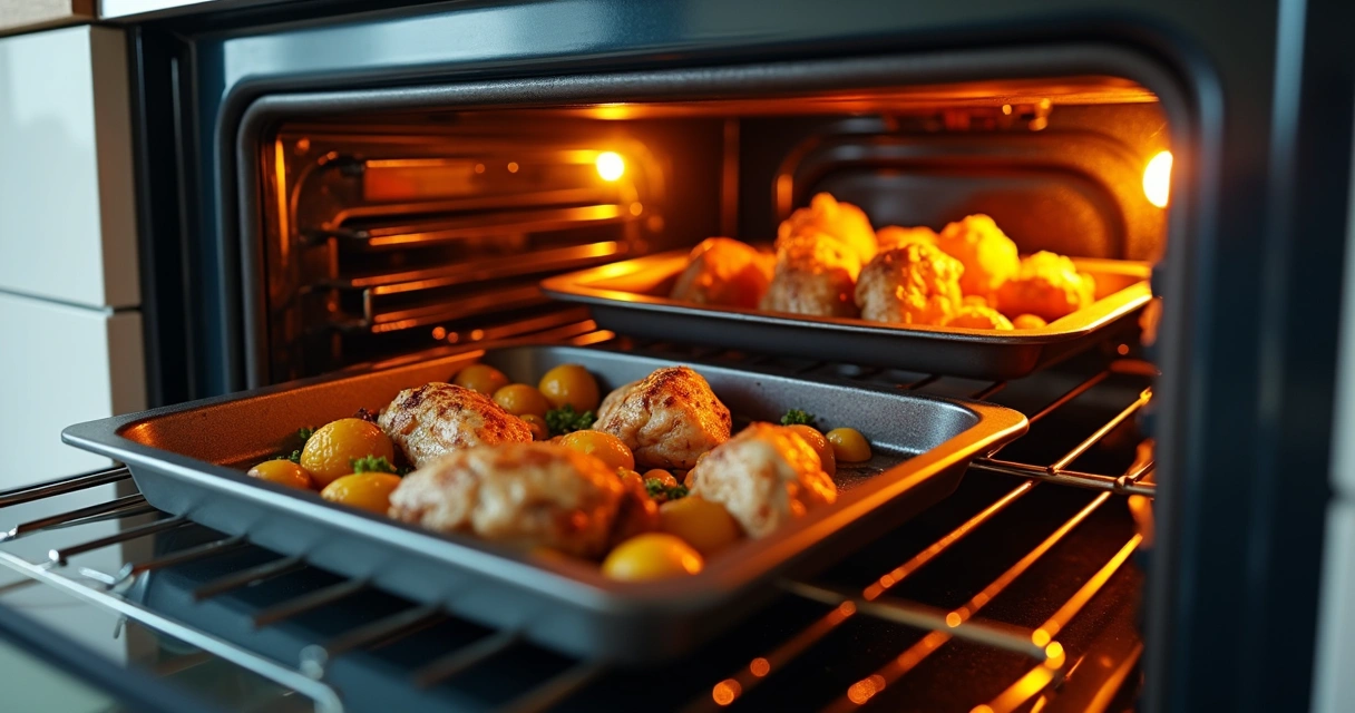 Forno elétrico funcionando, alimentos dourando em grelha 