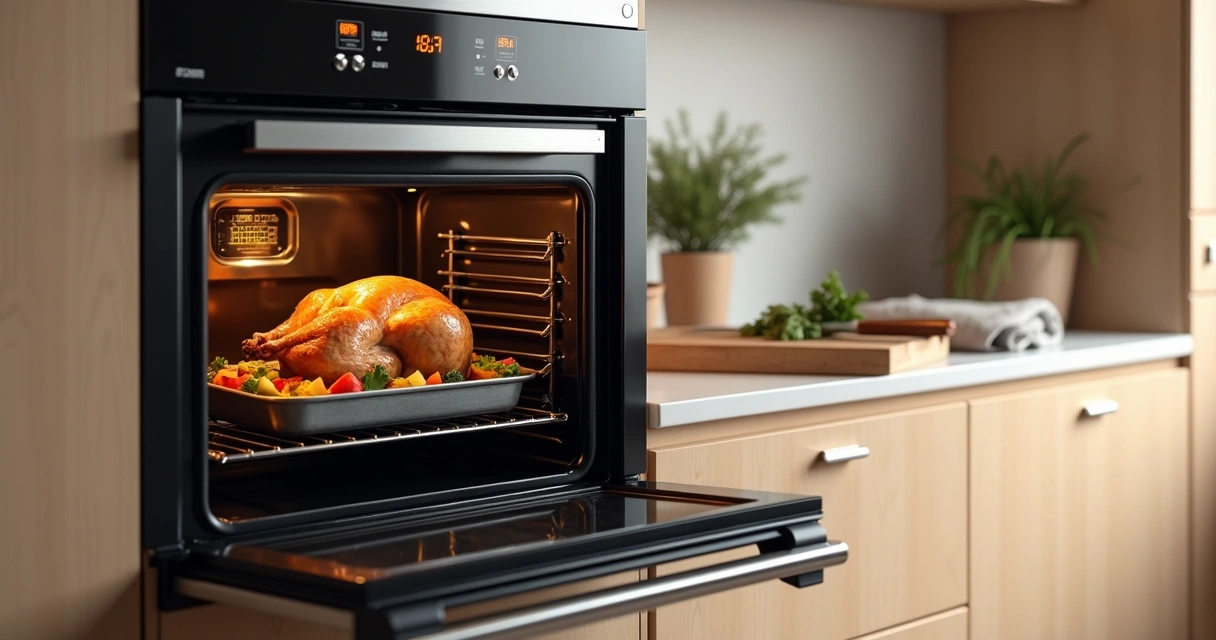 Forno elétrico moderno assando frango com legumes em cozinha doméstica iluminada 