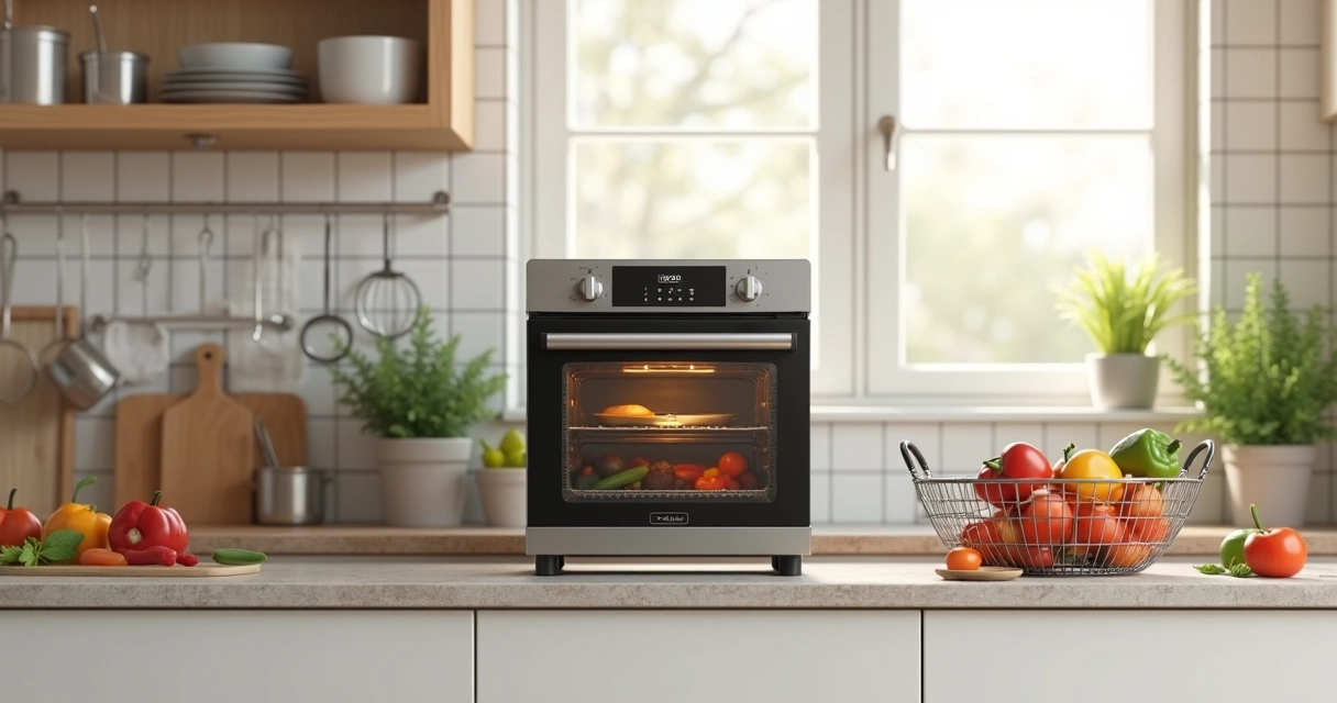 Forno elétrico sobre bancada, cozinha moderna clara 