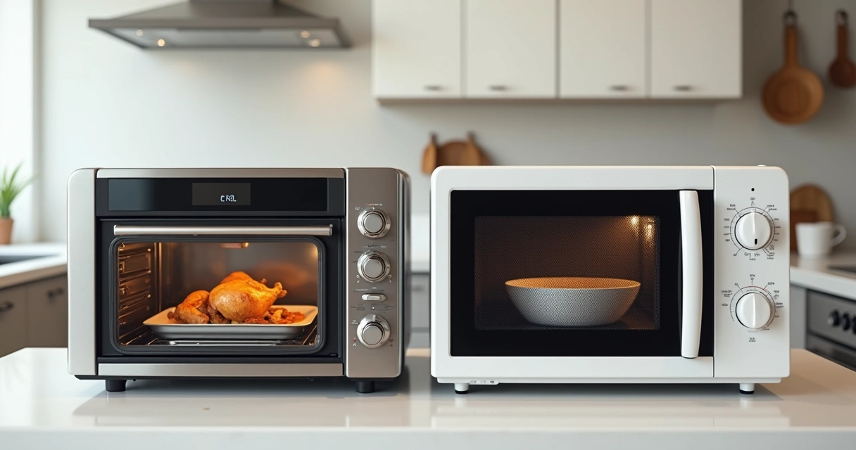 Forno elétrico e micro-ondas lado a lado em bancada de cozinha moderna 