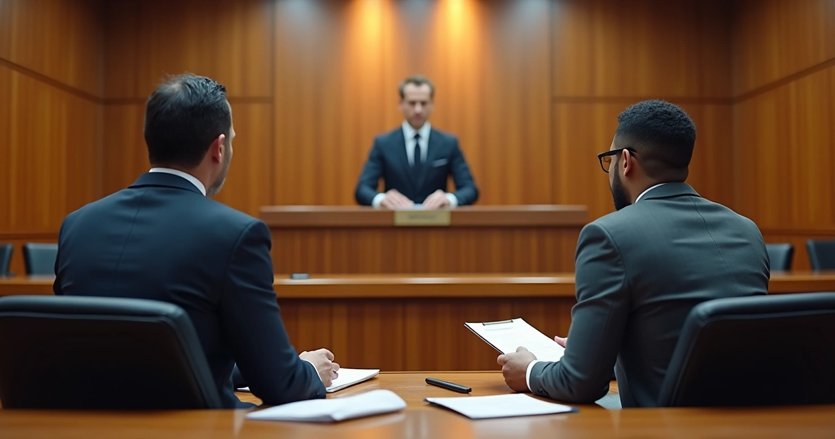 Audiência judicial entre empresa e trabalhador em fórum moderno