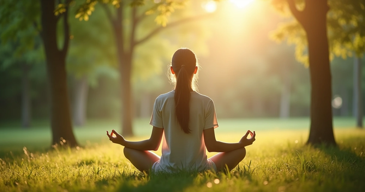 Persona sentada en meditación, fondo naturaleza, destellos de luz alrededor