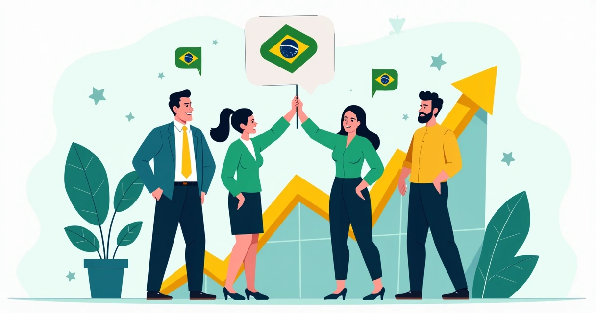 Três pessoas em frente a um grande gráfico em ascensão representando o crescimento de base política