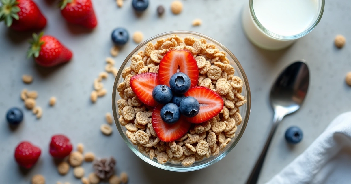 Bowl of fortified cereal with berries and milk. 