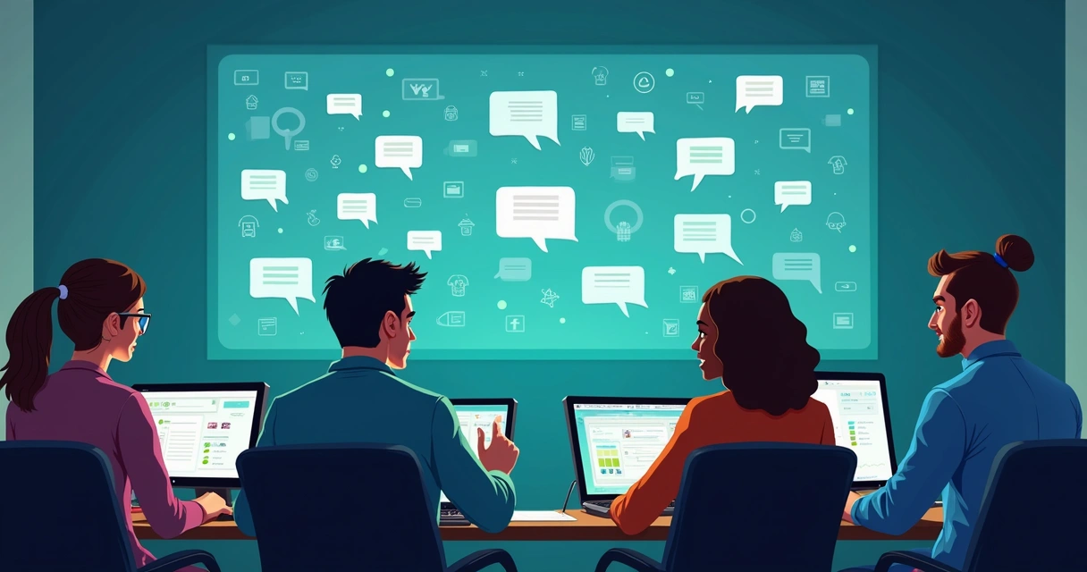 Alunos interagindo em fórum virtual, telas de computadores e balões de diálogo ativos 