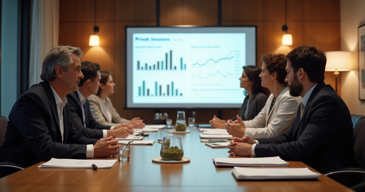 Vista lateral de pessoas participando de um fórum fechado sobre investimentos em imóveis, com notebooks abertos e bloco de anotações