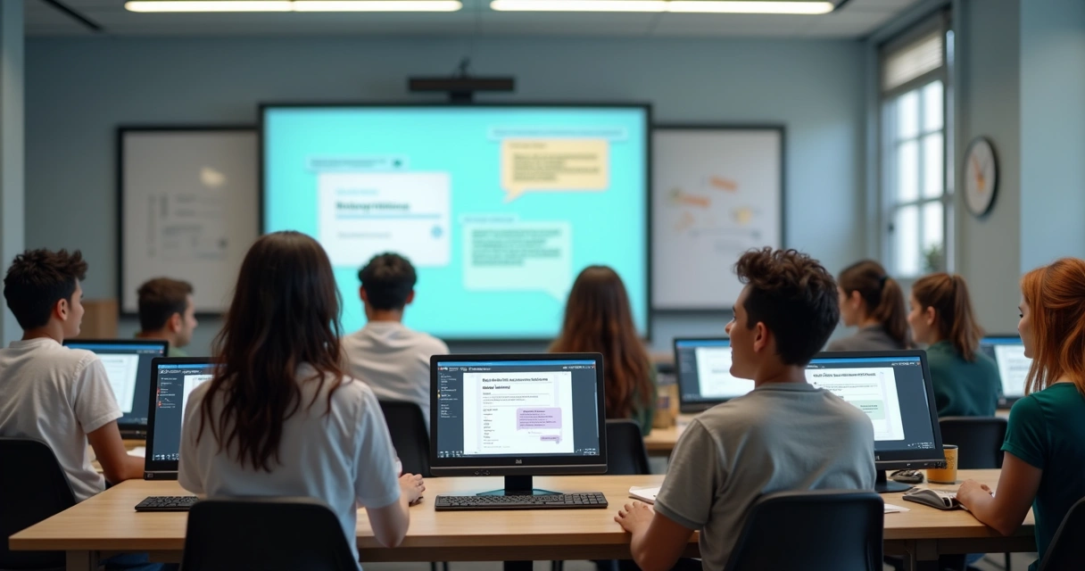 Grupo de estudantes interagindo em sala virtual com computadores e mensagens na tela 