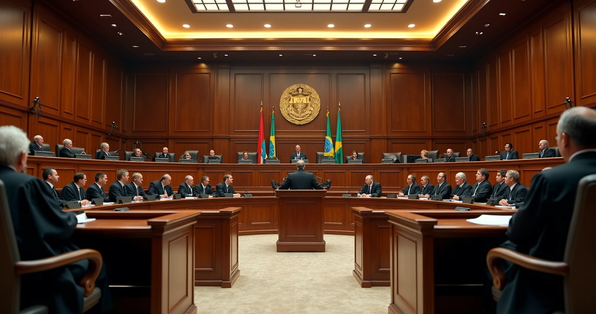 Sala de julgamento do STF com ministros reunidos à mesa 