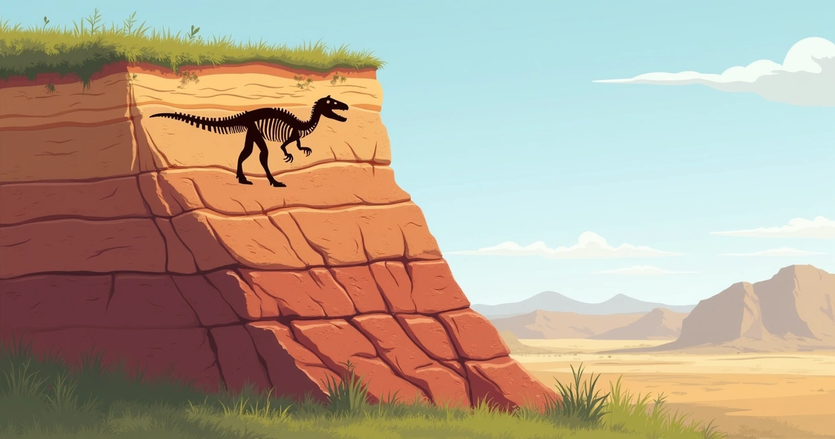 Fóssil de dinossauro entre camadas de sedimentos em corte geológico. 