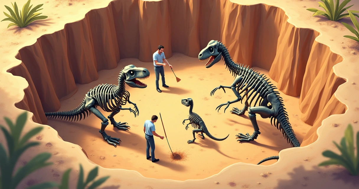 Fósseis de dinossauro e mamífero lado a lado em uma escavação 