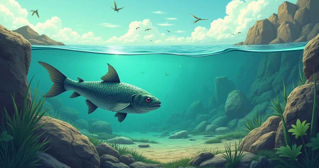 Fóssil de peixe semi-enterado entre sedimentos sob luz suave em cena pré-histórica com enchente.