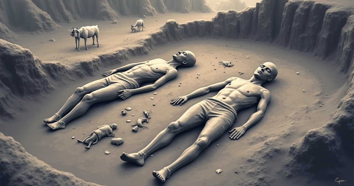 Moldes corporais de pessoas cobertas por cinzas vulcânicas 