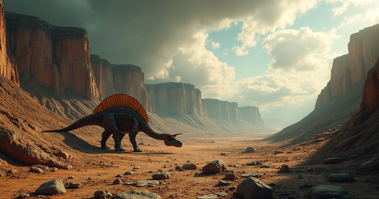 Fósseis de dinossauros expostos em camadas de sedimento, sob um céu tempestuoso com uma erupção vulcânica ao fundo.