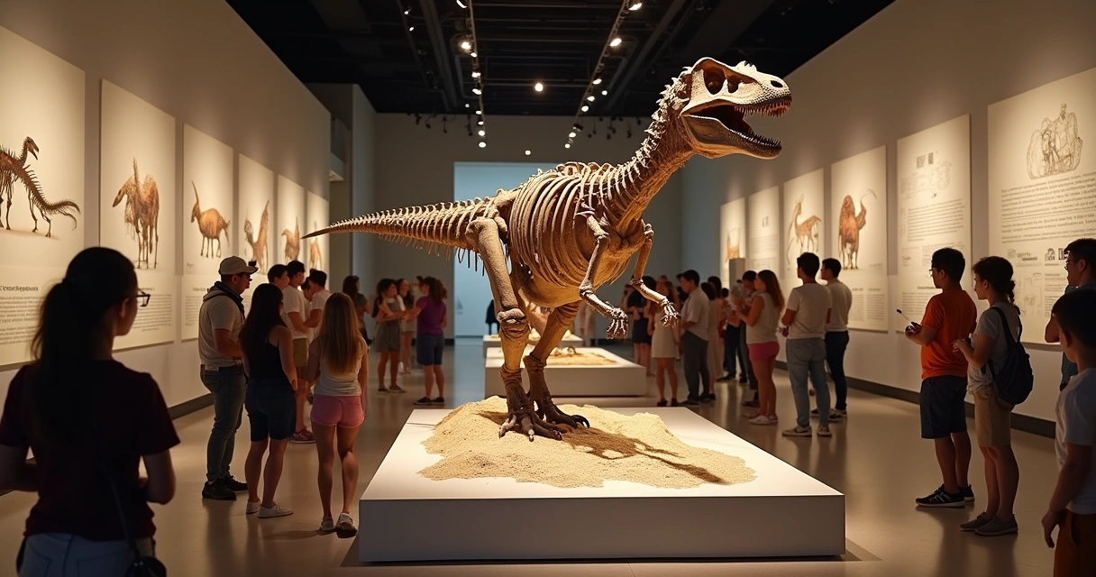 Fóssil de dinossauro com duas garras em um museu, com visitantes admirando e tirando fotos.