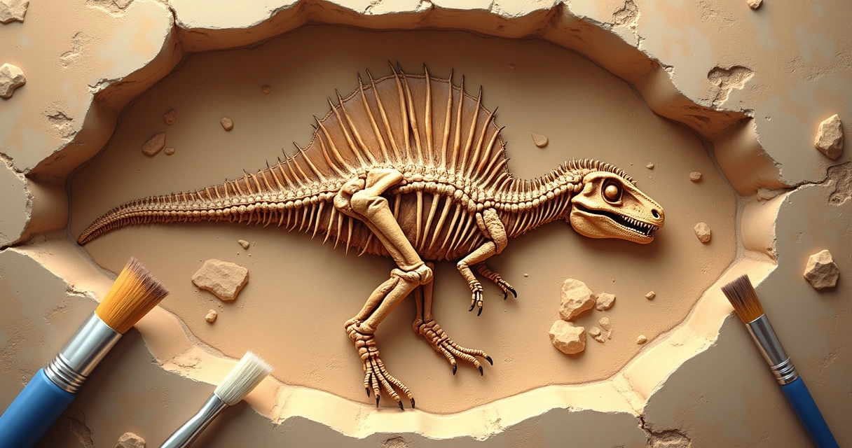 Fóssil de um pequeno dinossauro em rocha 