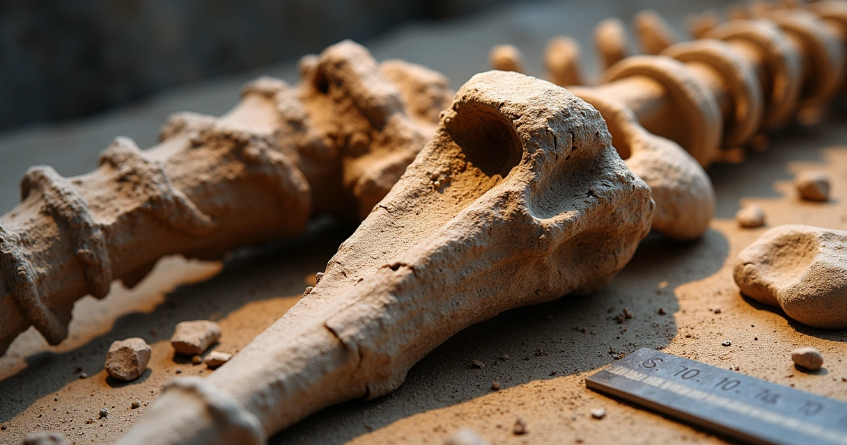 Fóssil de dinossauro exibindo marcas de mordida e ossos fraturados 