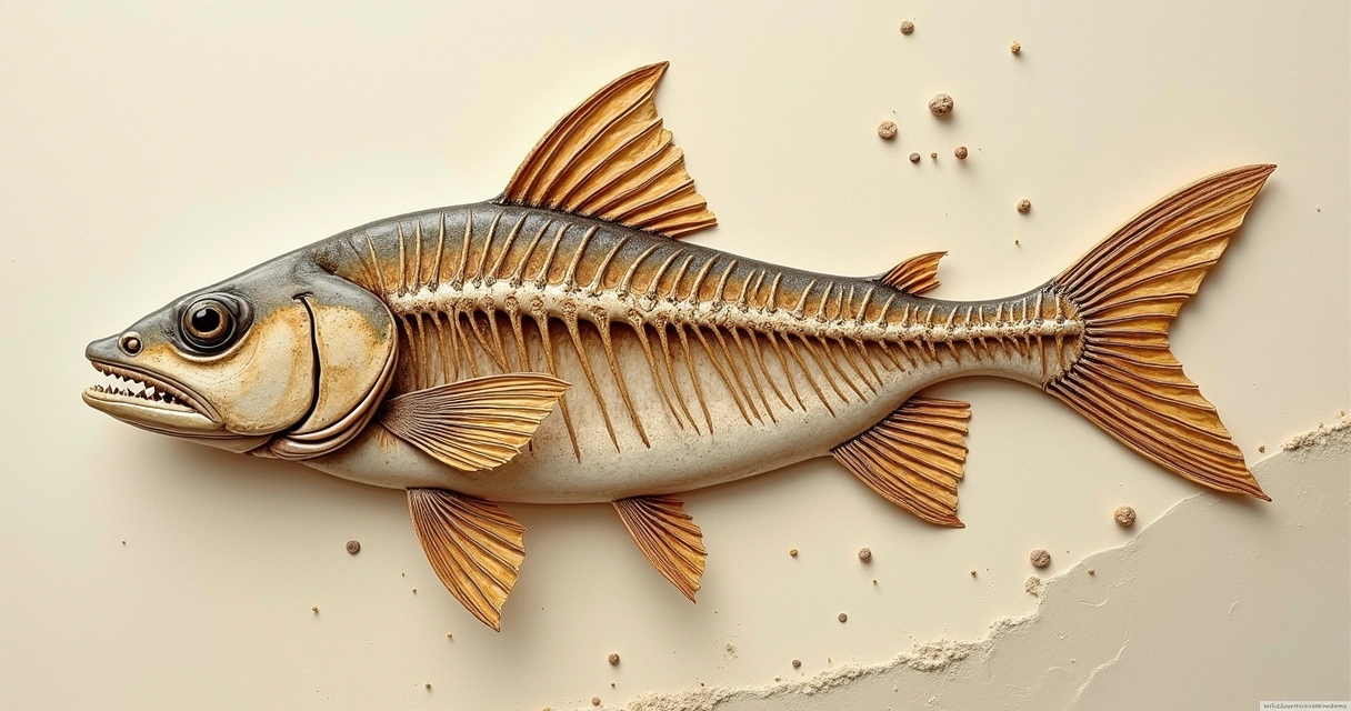 Fóssil de peixe articulado em camada sedimentar clara 