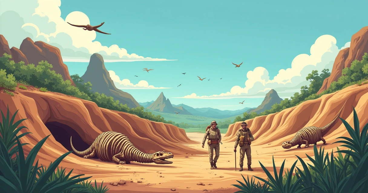 Fósseis de Pentaceratops em campo geológico com paleontólogo escavando. Céu azul e vegetação ao fundo.