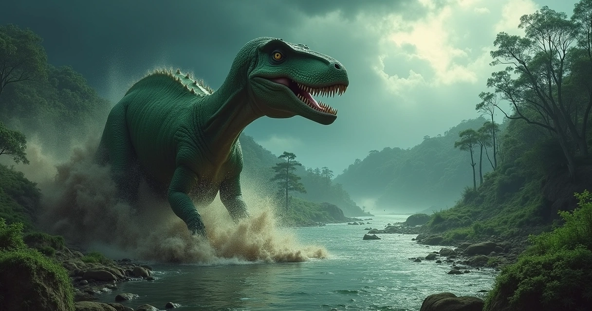 Dinossauro sendo enterrado por lama durante uma inundação, com cenário dramático de tempestade ao fundo.