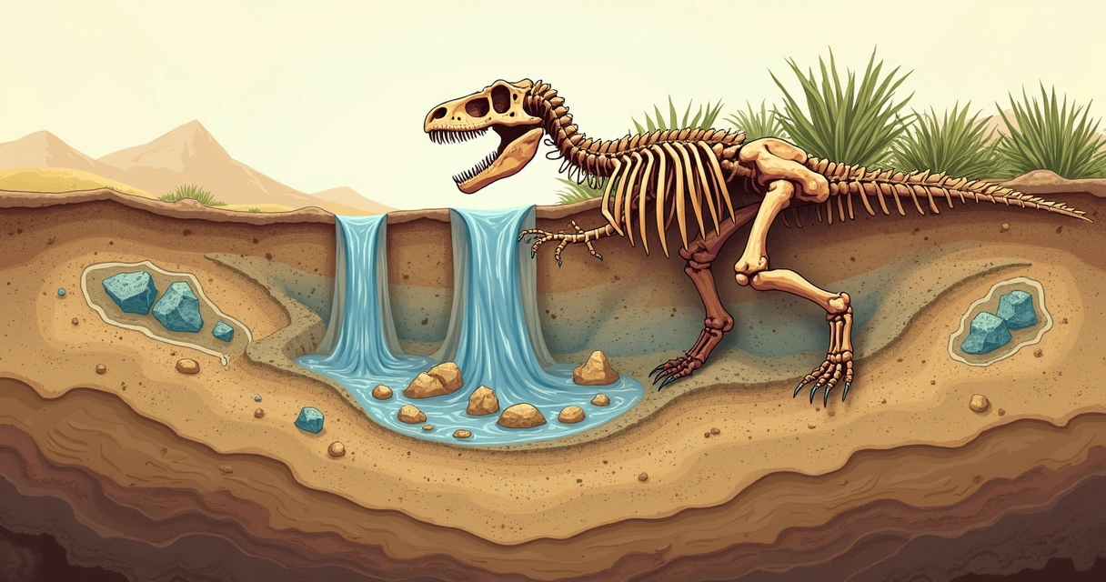 Ossos fossilizados preservados em uma rocha 