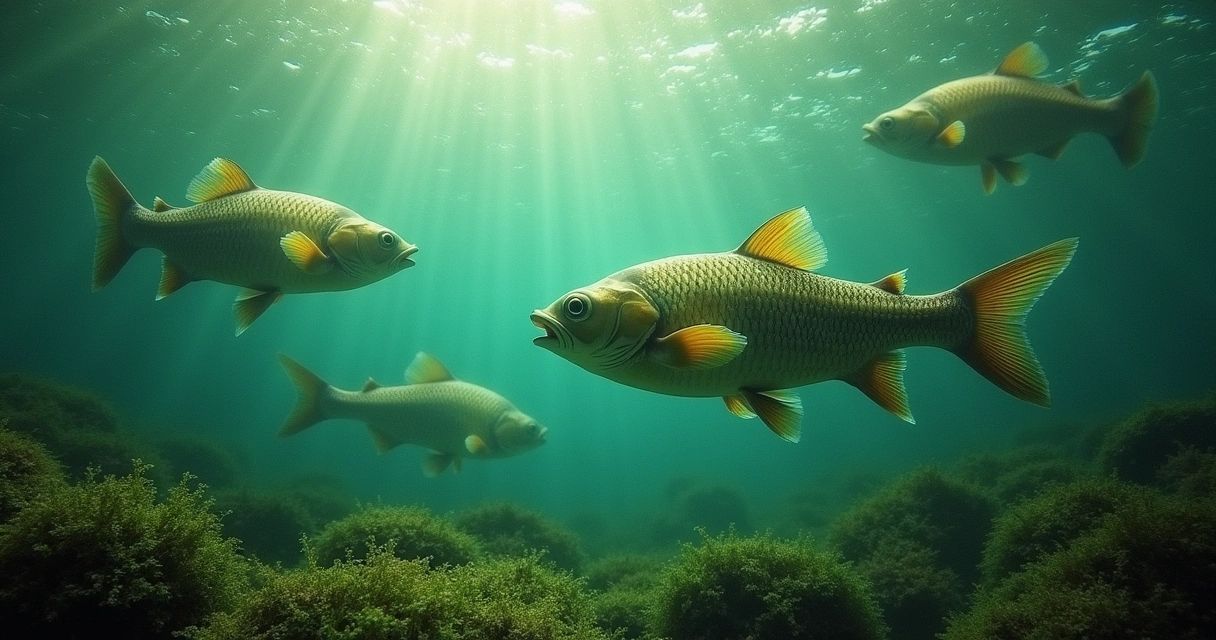 Fósseis de peixes, folhas e insetos em âmbar em um leito de lama, rodeados por natureza vibrante.