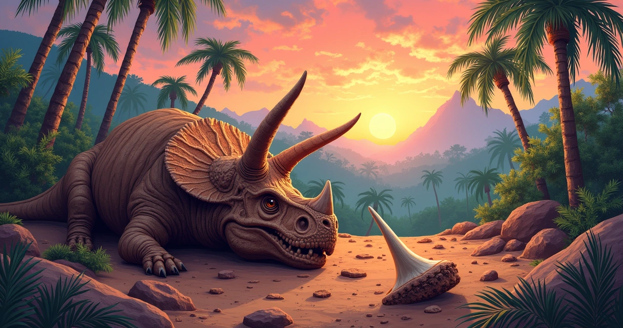 Fósseis de dinossauros em uma paisagem pré-histórica, incluindo Tricerátops e dente de Tiranossauro Rex.