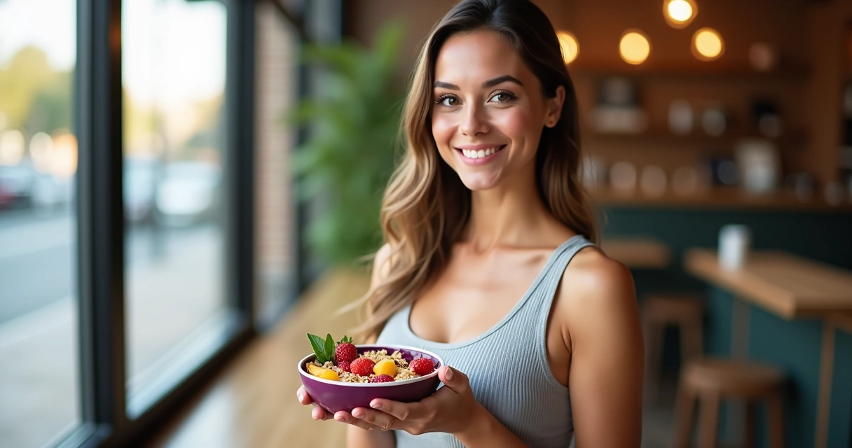 Mulher feliz segurando pote de açaí. 
