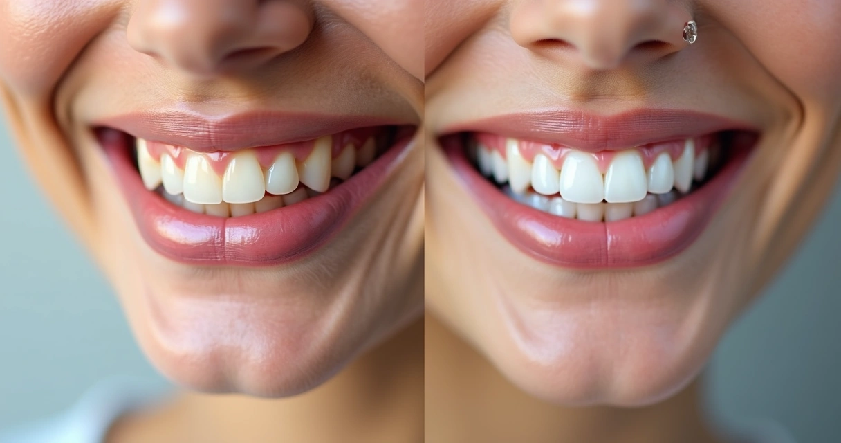 Close de fotos de antes e depois no sorriso de paciente com iluminação profissional e fundo neutro 