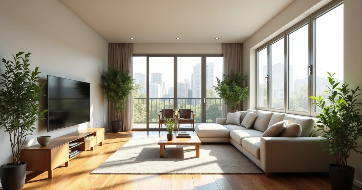 Sala mobiliada de um apartamento iluminado por luz natural, com piso claro