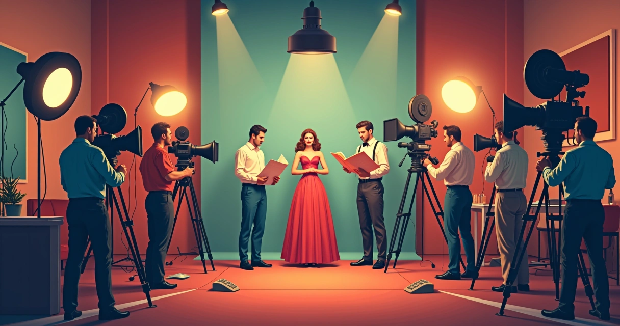 Equipe de filmagem de um filme antigo lendo revistas e ajustando câmeras durante gravação 